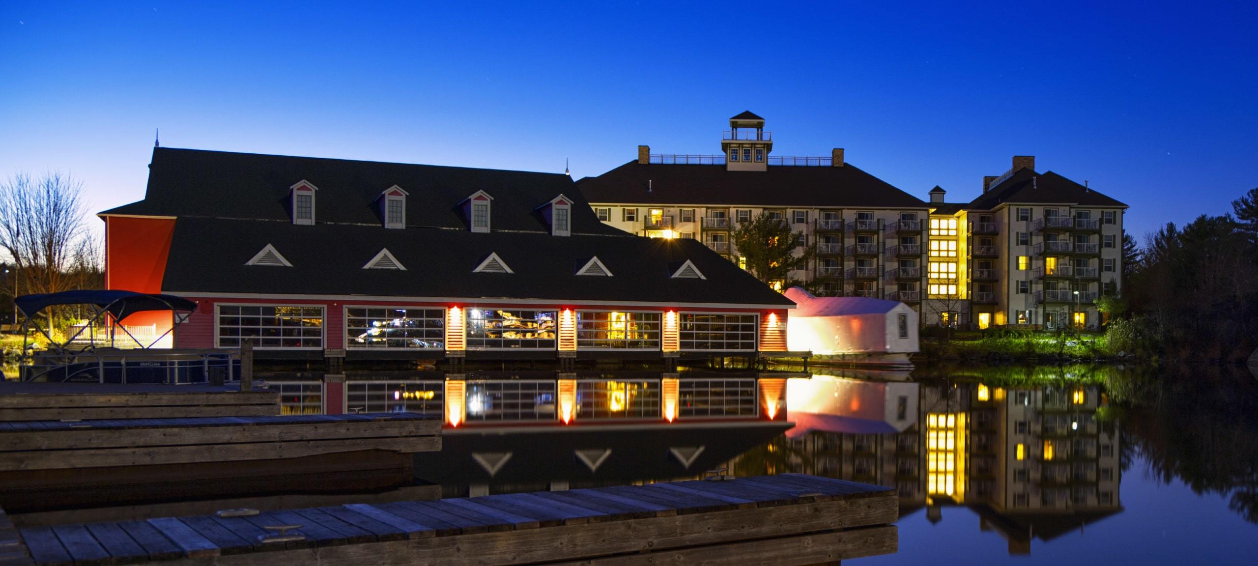 Night view of dock and condos in Gravenhurst, ON