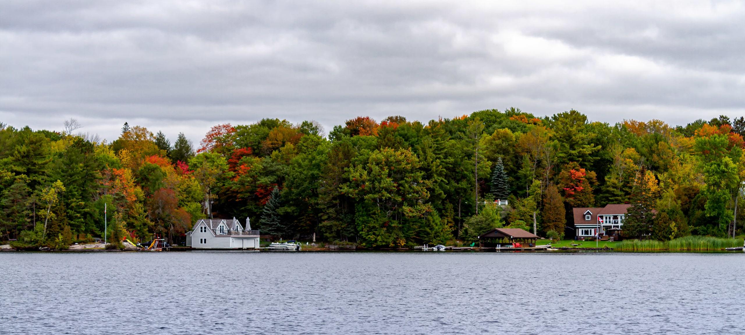 Waterfront homes in Gravenhurst, ON during autumn
