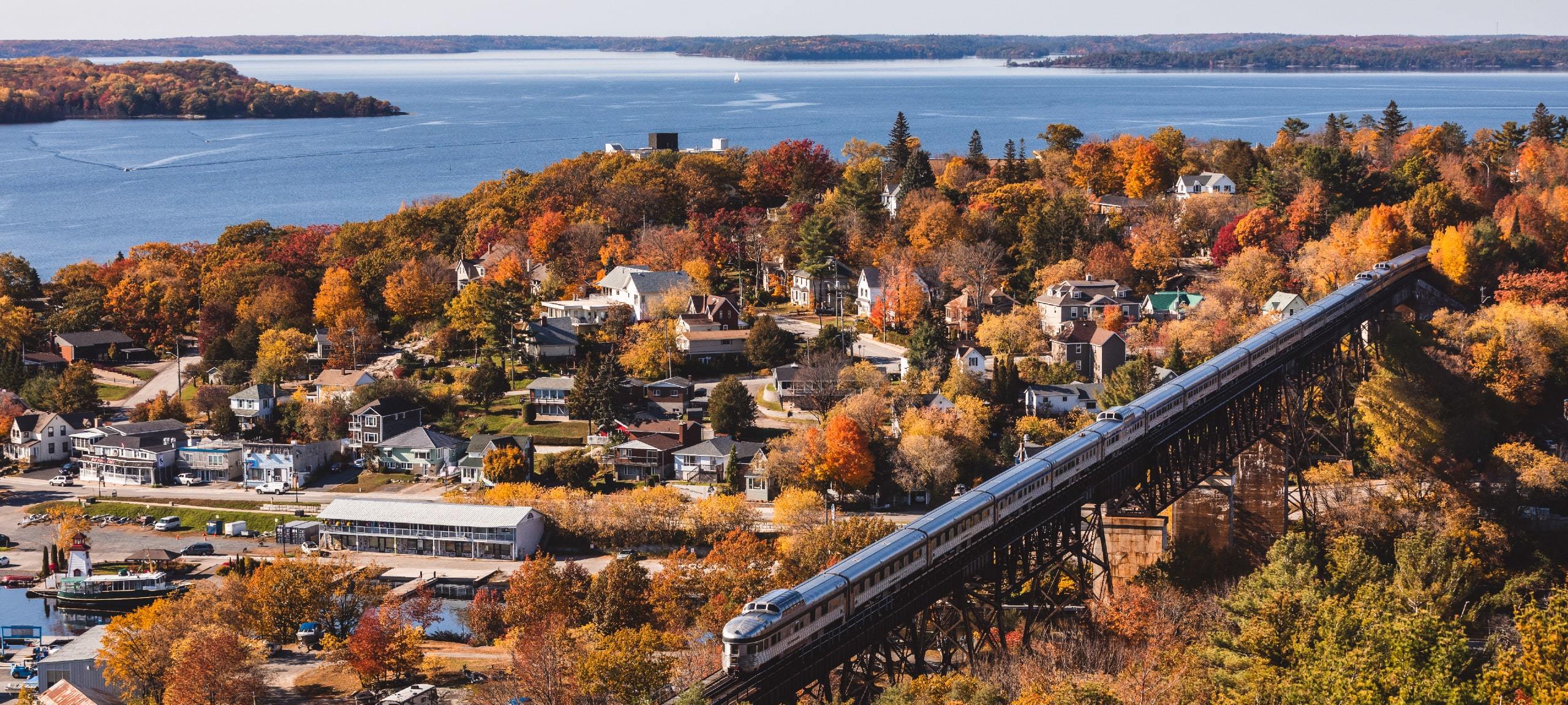 Aerial view of Parry Sound, ON and lake in autumn