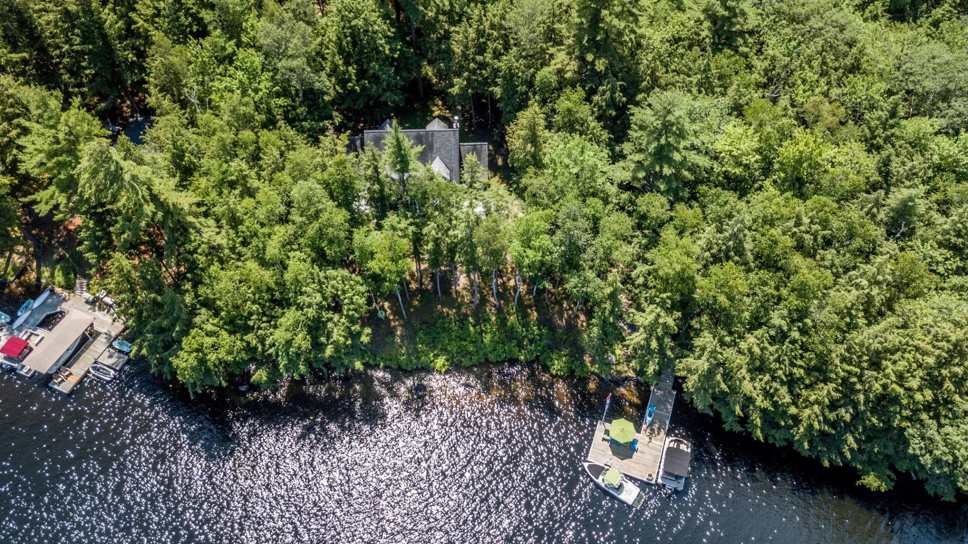 Aerial view of Muskoka Lakes lakefront cottage